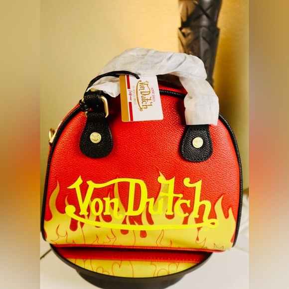 HOSTPICK”Von Dutch NIB City Of Angels Red Yellow Small Bowling Crossbody Handbag - Picture 11 of 12